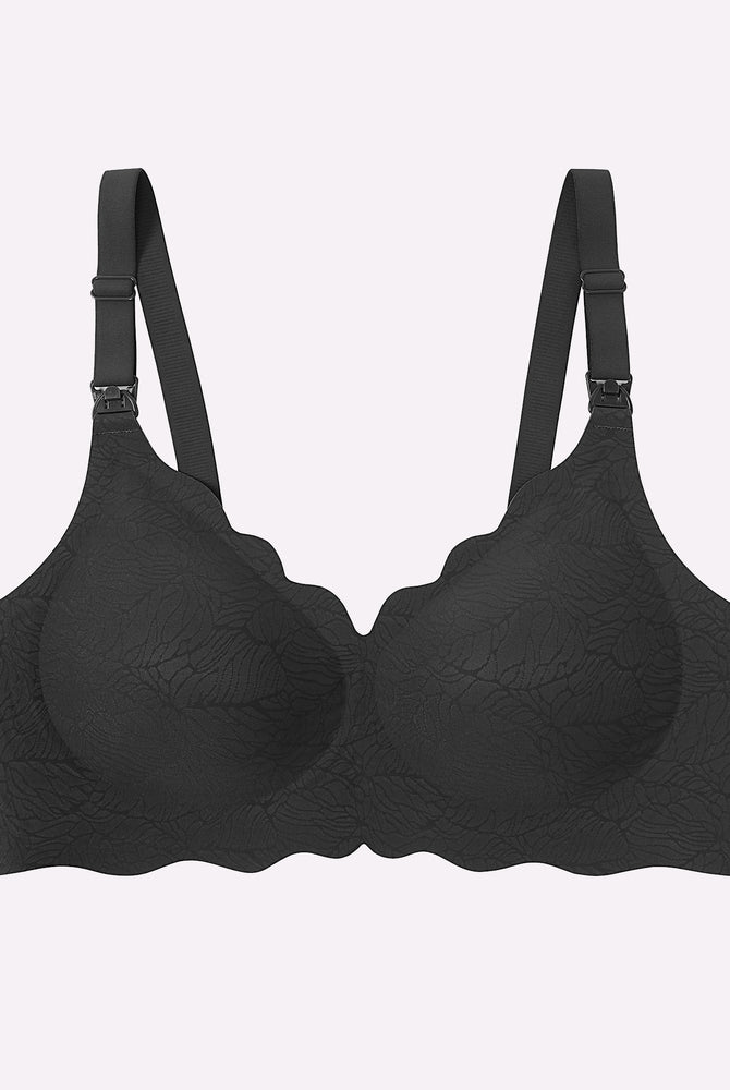 Black floral maternity nursing bra with adjustable straps and easy nursing access.