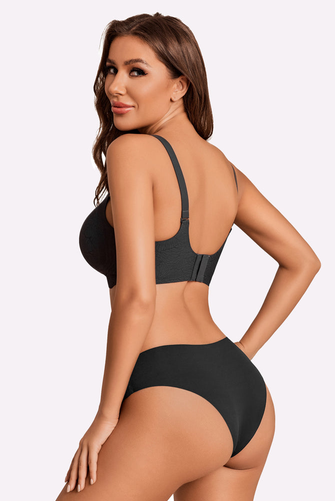 Black maternity nursing bra with floral lace and seamless design for comfortable support.