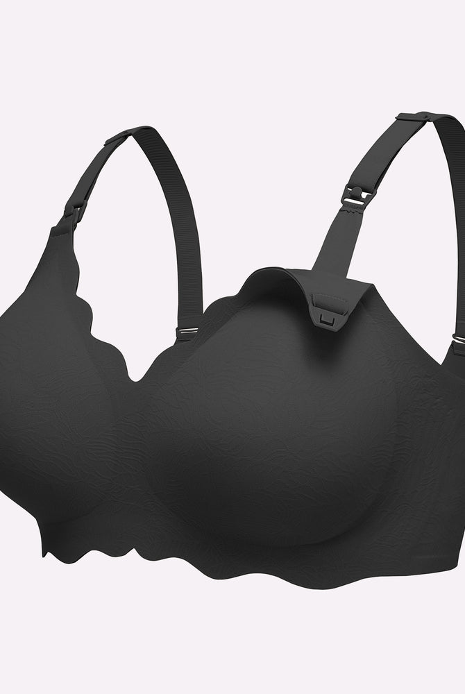 Black seamless maternity nursing bra, comfortable design, adjustable straps and easy nursing access