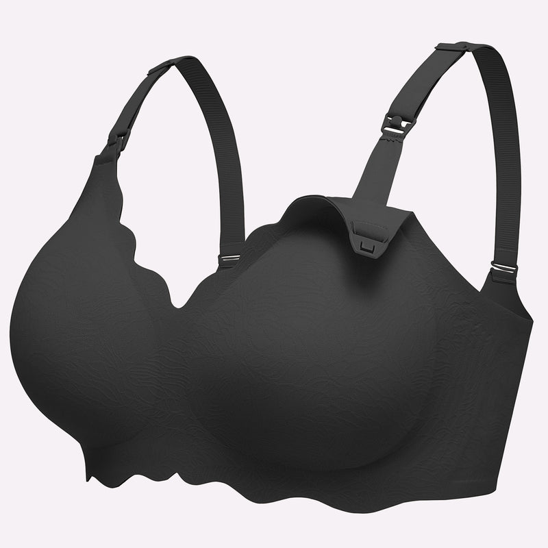 Black seamless maternity nursing bra, comfortable design, adjustable straps and easy nursing access
