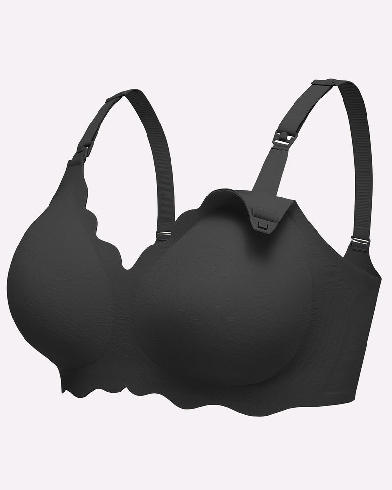Black seamless maternity nursing bra, comfortable design, adjustable straps and easy nursing access