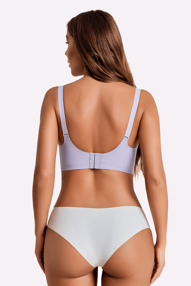 Lavender seamless maternity nursing bra with floral design and adjustable straps.