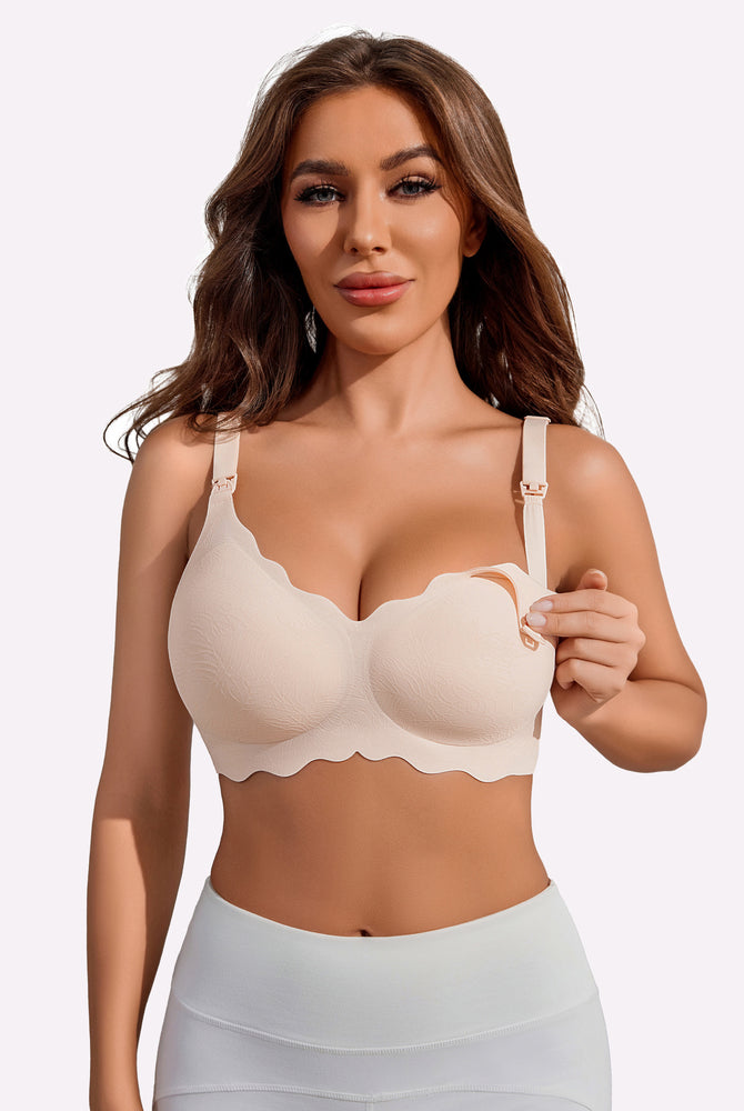 Beige seamless maternity nursing bra with floral design, adjustable straps, and easy nursing access.