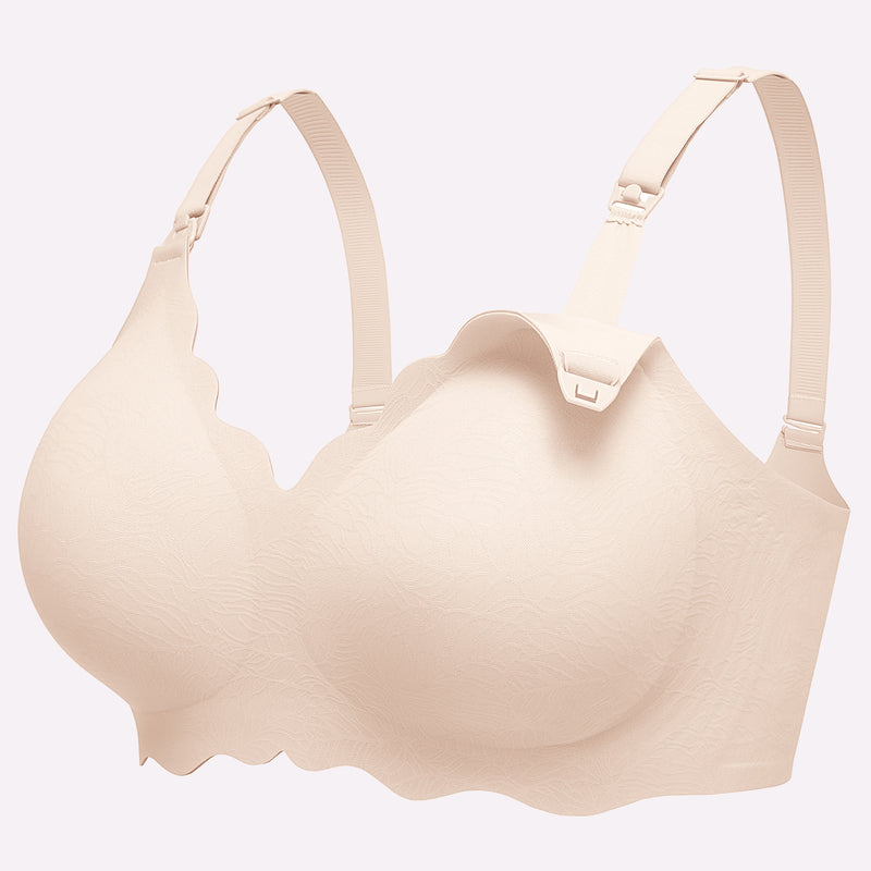 Beige seamless nursing bra with adjustable straps, easy nursing access, and comfortable design