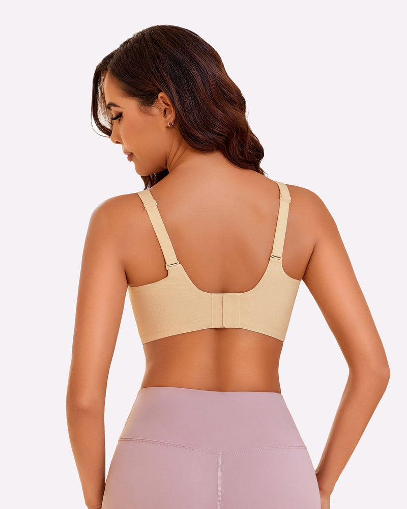 Seamless beige maternity nursing bra with adjustable straps for comfortable support and easy nursing.