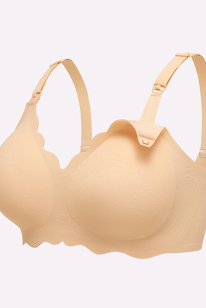 Beige seamless maternity nursing bra, adjustable straps, nursing access, breathable
