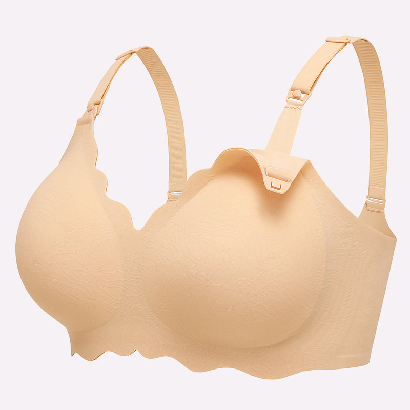 Beige seamless maternity nursing bra, adjustable straps, nursing access, breathable