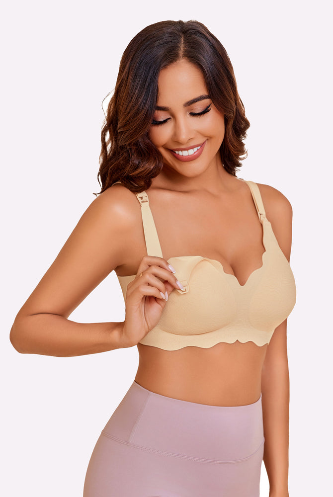 Beige seamless nursing bra, comfortable design with adjustable straps and easy nursing access.