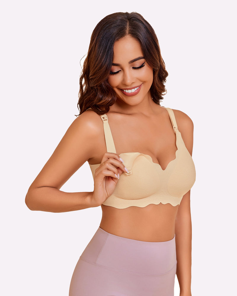 Beige seamless nursing bra, comfortable design with adjustable straps and easy nursing access.