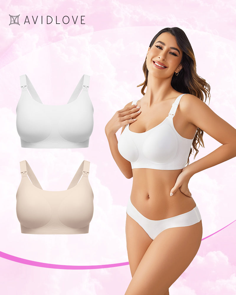 Avidlove nursing bra: white and beige wireless bras for postpartum support, model wearing lingerie