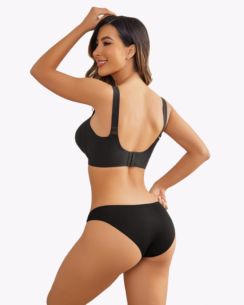 Avidlove black nursing bra, wireless design for postpartum support, model wearing matching briefs.