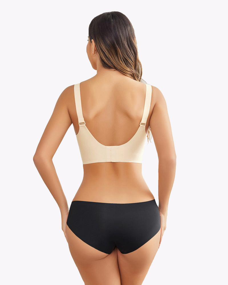 Beige wireless nursing bra and black underwear set, postpartum support, comfortable design.