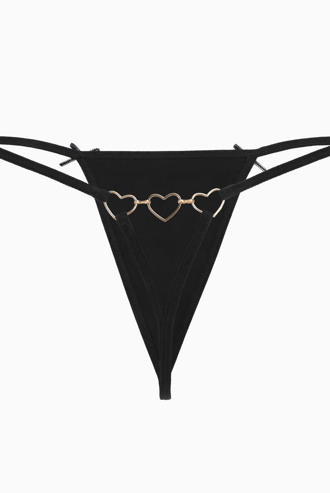 Black G-string thong with golden heart ring detail, bows for a cute and sexy look.