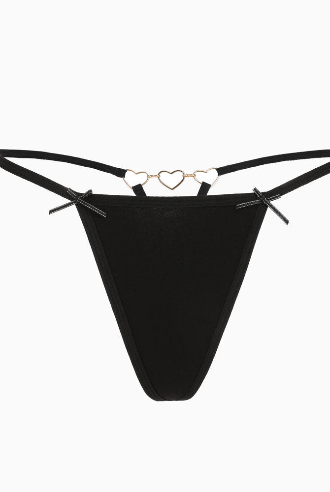 Black G-string thong with heart ring detail and bows for a cute and sexy look