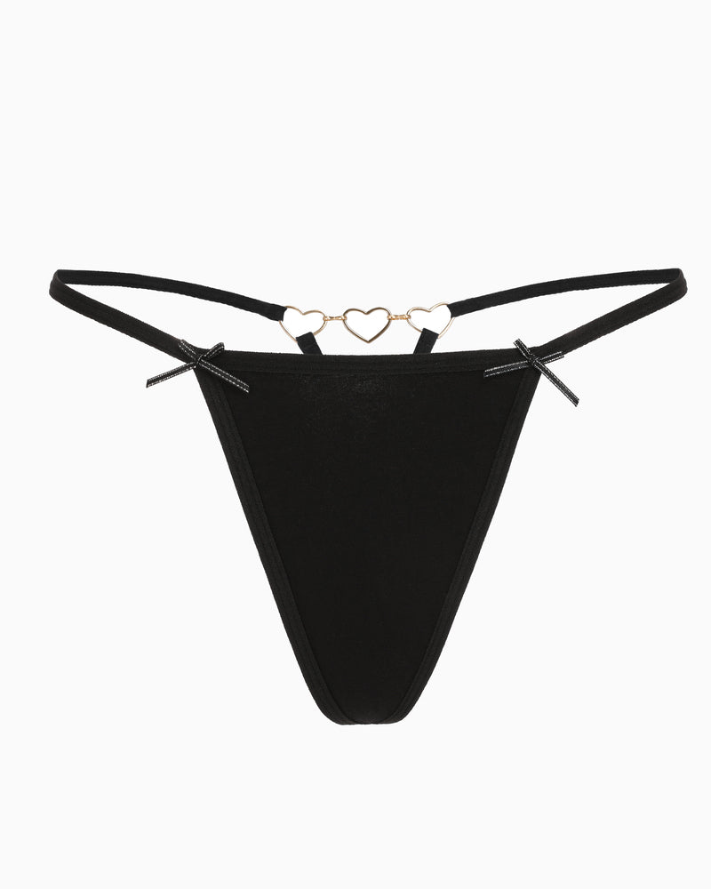Black G-string thong with heart ring detail and bows for a cute and sexy look