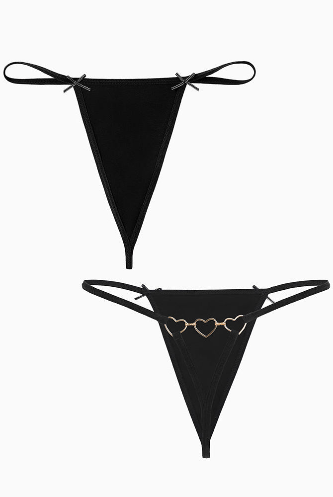 Black G-string thongs with bows and heart ring details, providing a cute and sexy look.