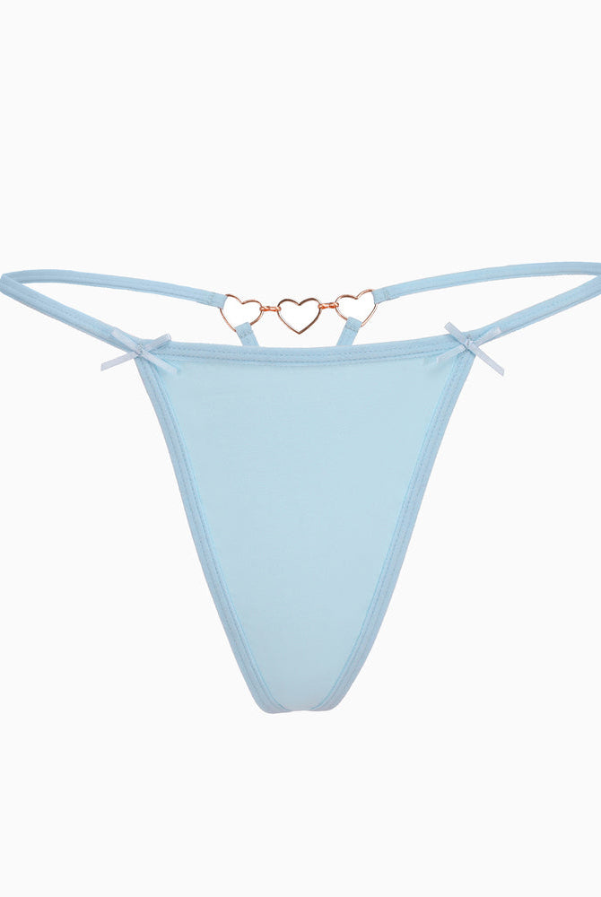 Blue G-string thong with heart ring detail and bows. Comfortable, sexy lingerie for women.