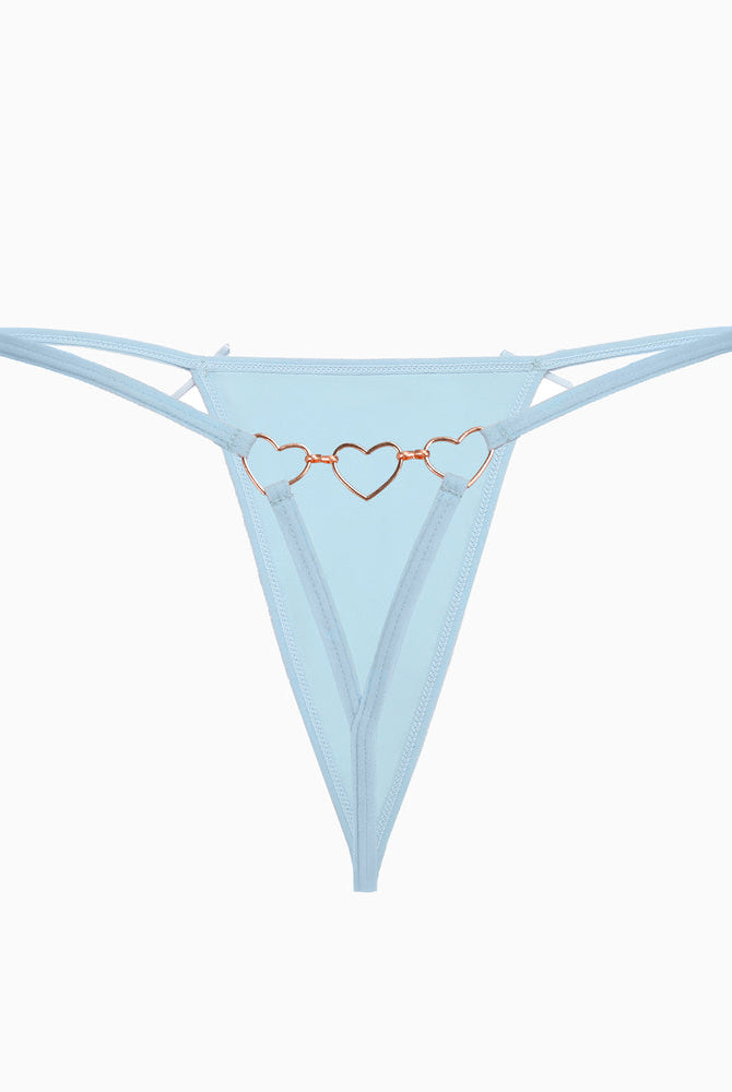 Light blue G-string thong with gold heart ring detail. Sexy and comfortable lingerie for women.