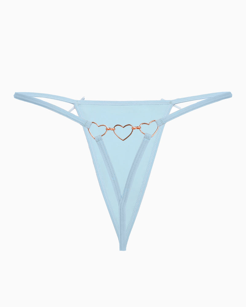 Light blue G-string thong with gold heart ring detail. Sexy and comfortable lingerie for women.