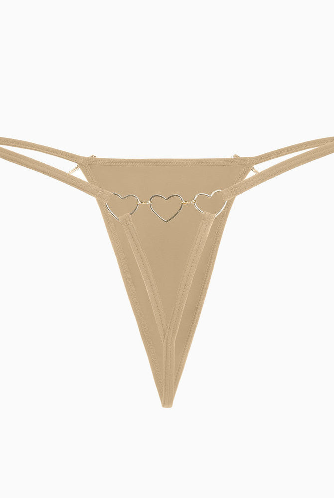 Beige G-string thong with gold heart ring detail. Sexy and comfortable lingerie for women.