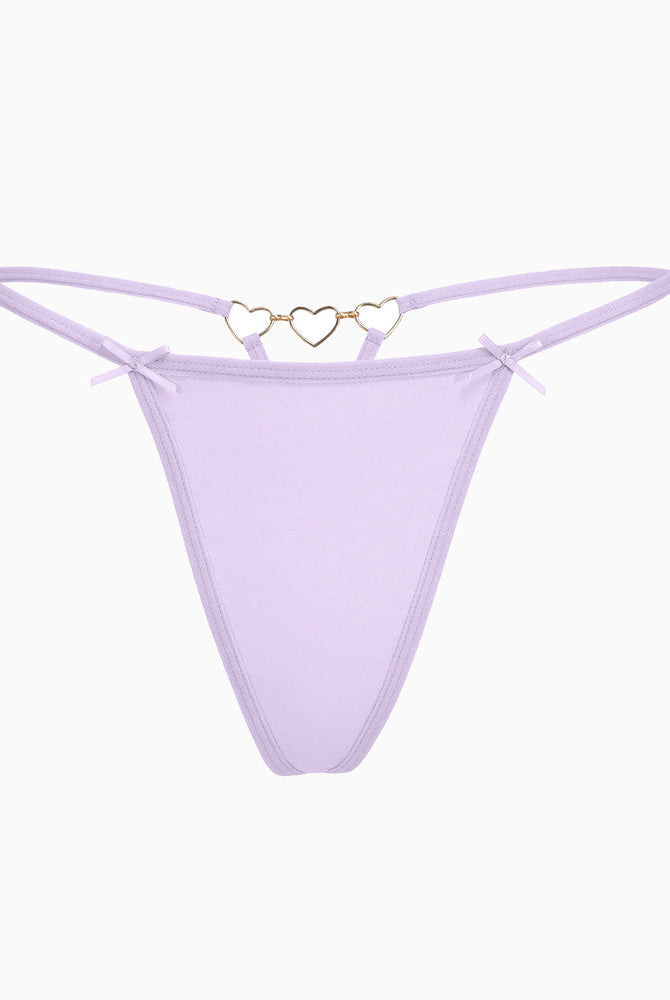 Light purple G-string thong with gold heart ring and bow details. Sexy and comfortable.