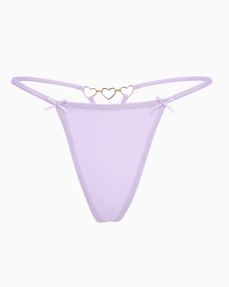 Light purple G-string thong with gold heart ring and bow details. Sexy and comfortable.