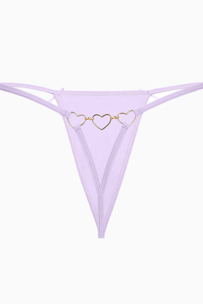 Light purple G-string thong with gold heart ring detail. Sexy and comfortable lingerie for women.