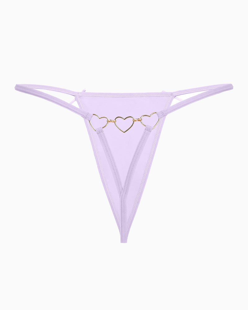 Light purple G-string thong with gold heart ring detail. Sexy and comfortable lingerie for women.