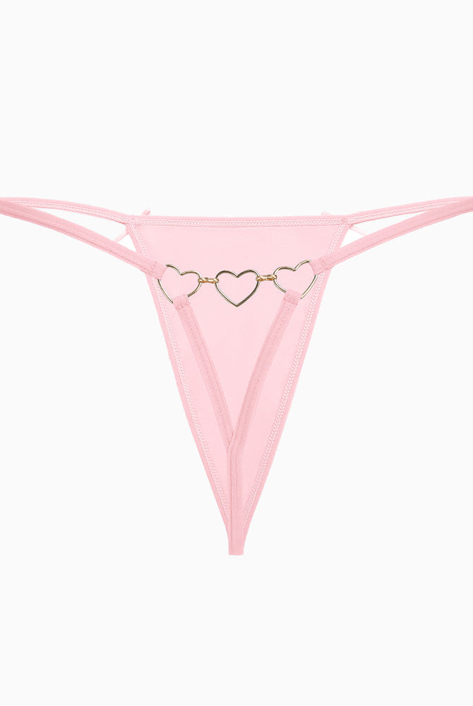 Pink G-string thong with heart ring details. Comfortable and sexy Avidlove lingerie for women.