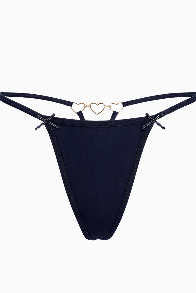 Navy blue g-string thong with heart ring detail and bow accents. Sexy lingerie for confident women.