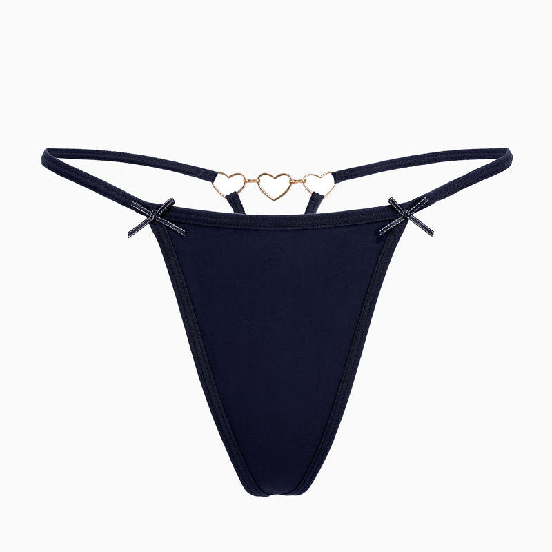 Navy blue g-string thong with heart ring detail and bow accents. Sexy lingerie for confident women.