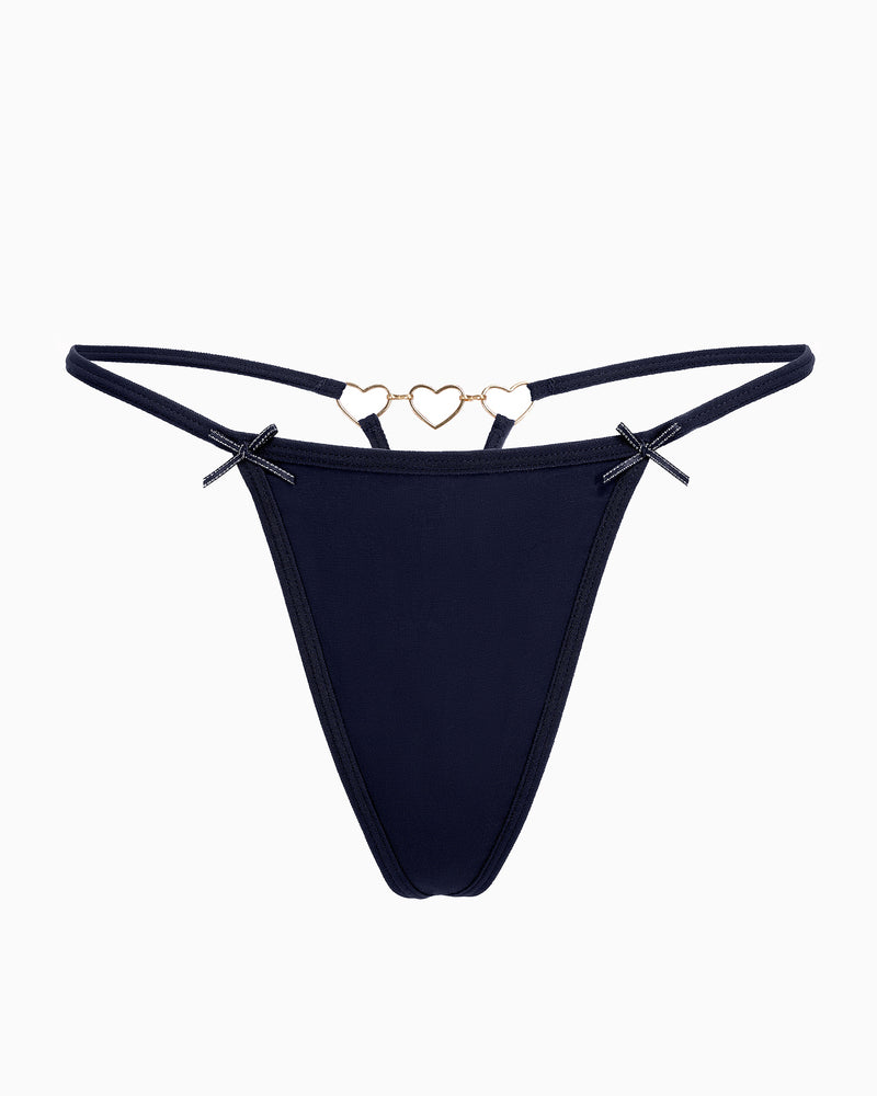 Navy blue g-string thong with heart ring detail and bow accents. Sexy lingerie for confident women.