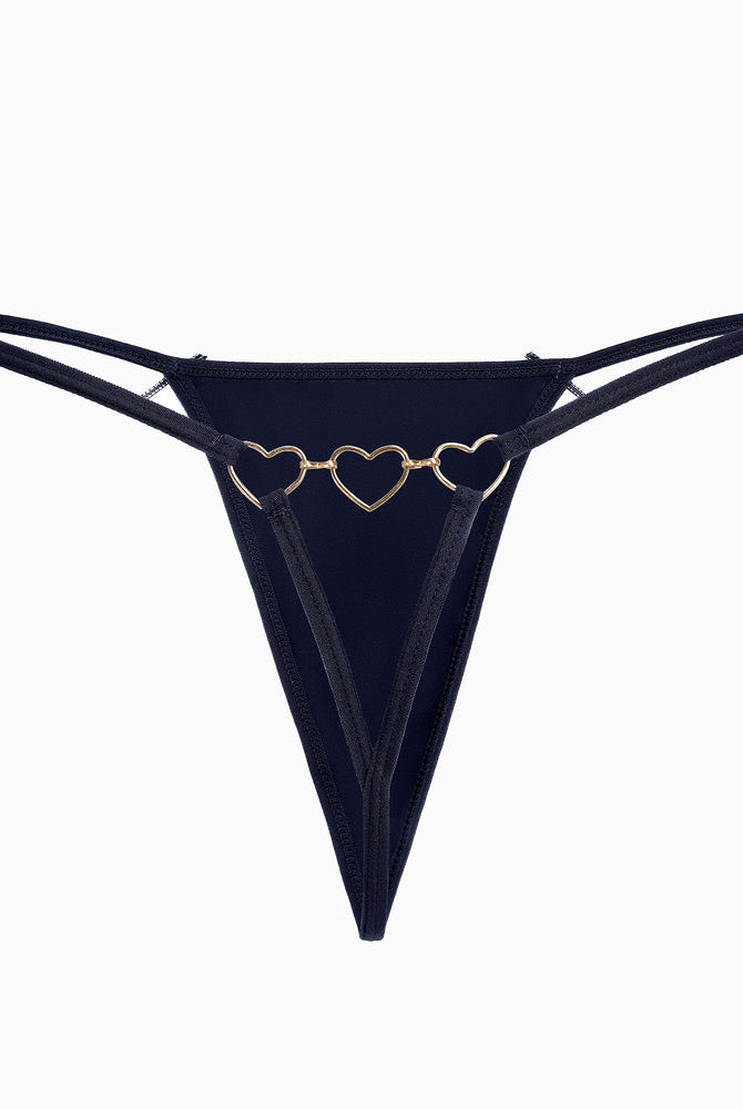 Navy blue G-string thong with gold heart ring detail. Sexy and comfortable Avidlove lingerie.