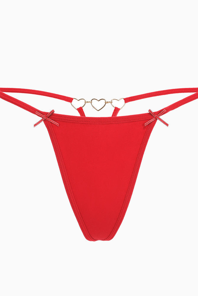 Red G-string thong with heart ring details and bows. Sexy and comfortable Avidlove lingerie.