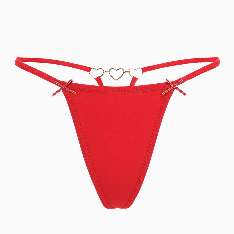 Red G-string thong with heart ring details and bows. Sexy and comfortable Avidlove lingerie.