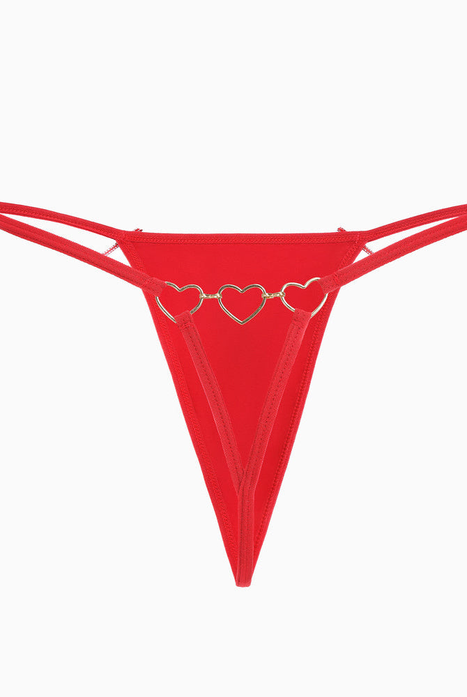 Red Avidlove G-string thong with gold heart ring details. Sexy and comfortable lingerie for women.