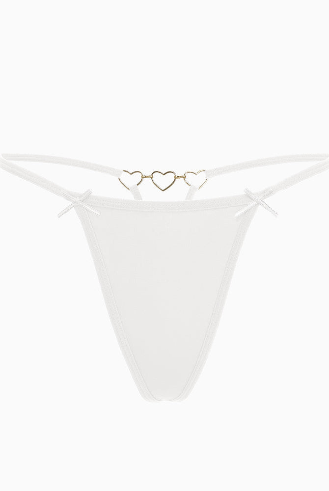 White G-string thong with gold heart ring and bow details. Comfortable and sexy lingerie.