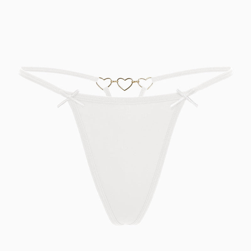 White G-string thong with gold heart ring and bow details. Comfortable and sexy lingerie.