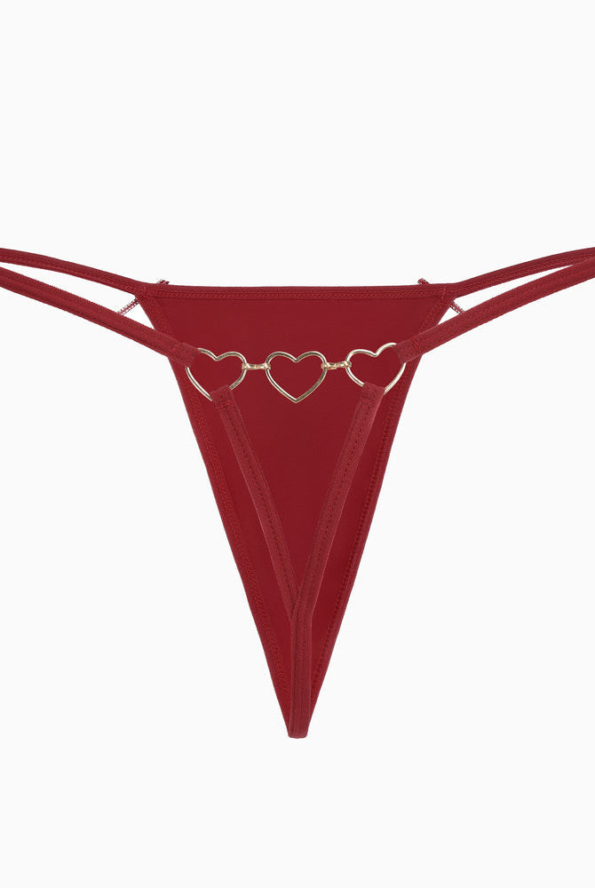 Red G-string thong with gold heart ring details. Comfortable and sexy Avidlove lingerie.