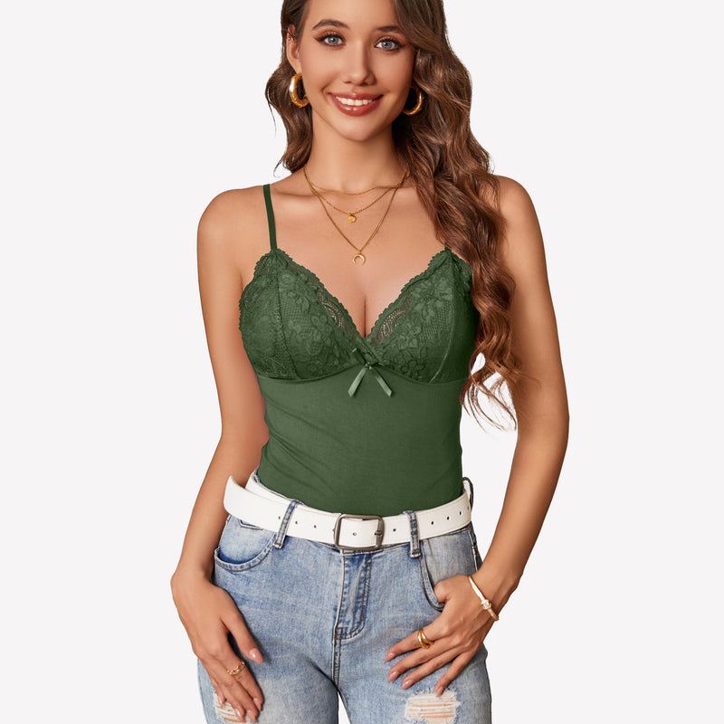 Green lace Y2k tank top with spaghetti straps, paired with jeans and white belt, cami bralette