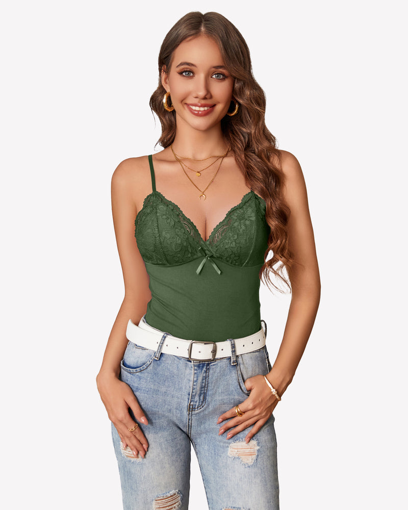 Green lace Y2k tank top with spaghetti straps, paired with jeans and white belt, cami bralette