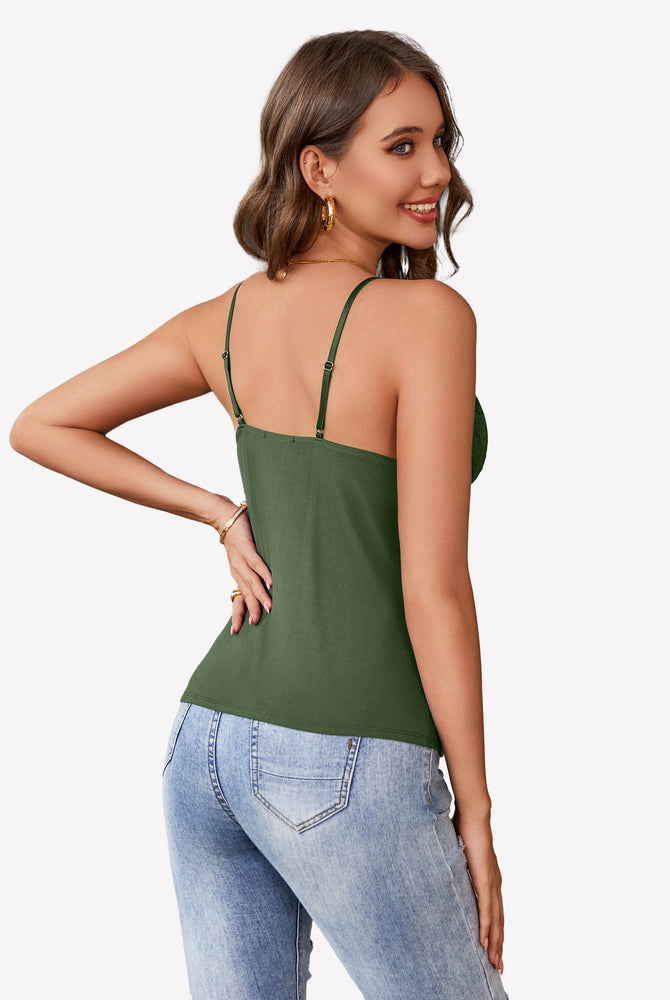 Olive green cami tank top with adjustable straps and floral lace detail, Y2k style bralette