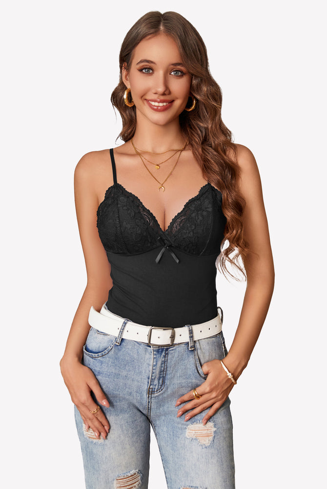 Black lace cami top with adjustable straps, paired with white belt and jeans, showcasing confidence