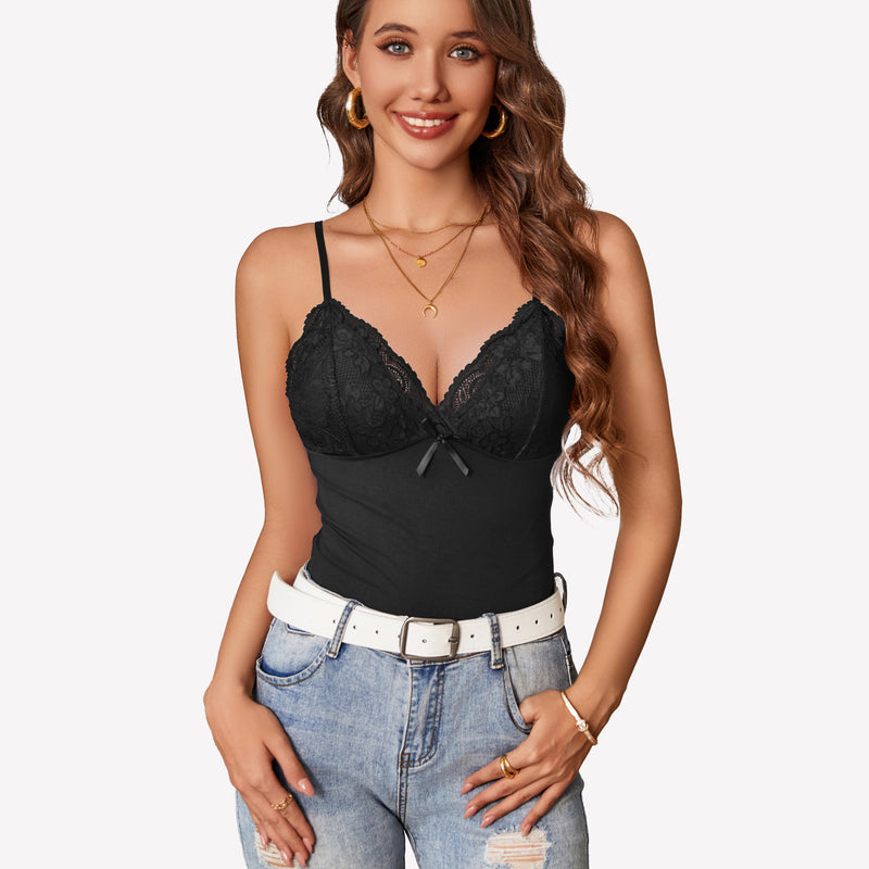 Black lace cami top with adjustable straps, paired with white belt and jeans, showcasing confidence