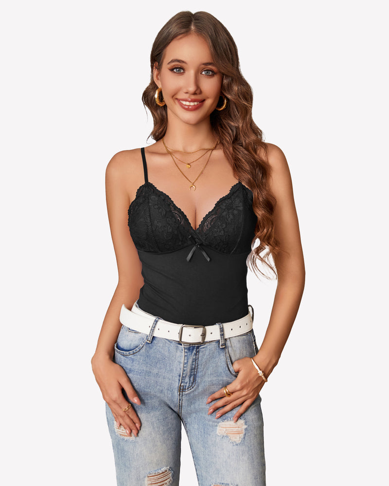 Black lace cami top with adjustable straps, paired with white belt and jeans, showcasing confidence