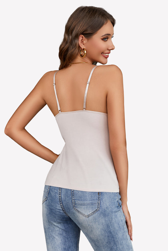 Light beige Y2k cami tank top with adjustable straps, paired with blue jeans, showing casual wear.