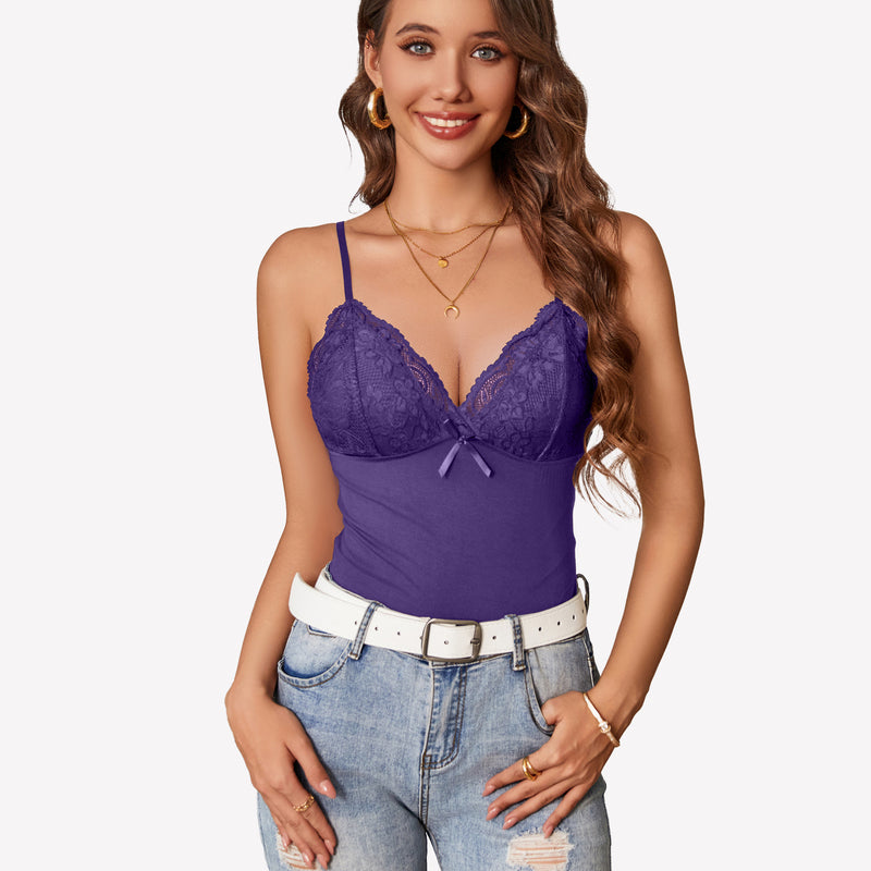 Purple lace cami top Y2k bralette with spaghetti straps, jeans, stylish casual wear.