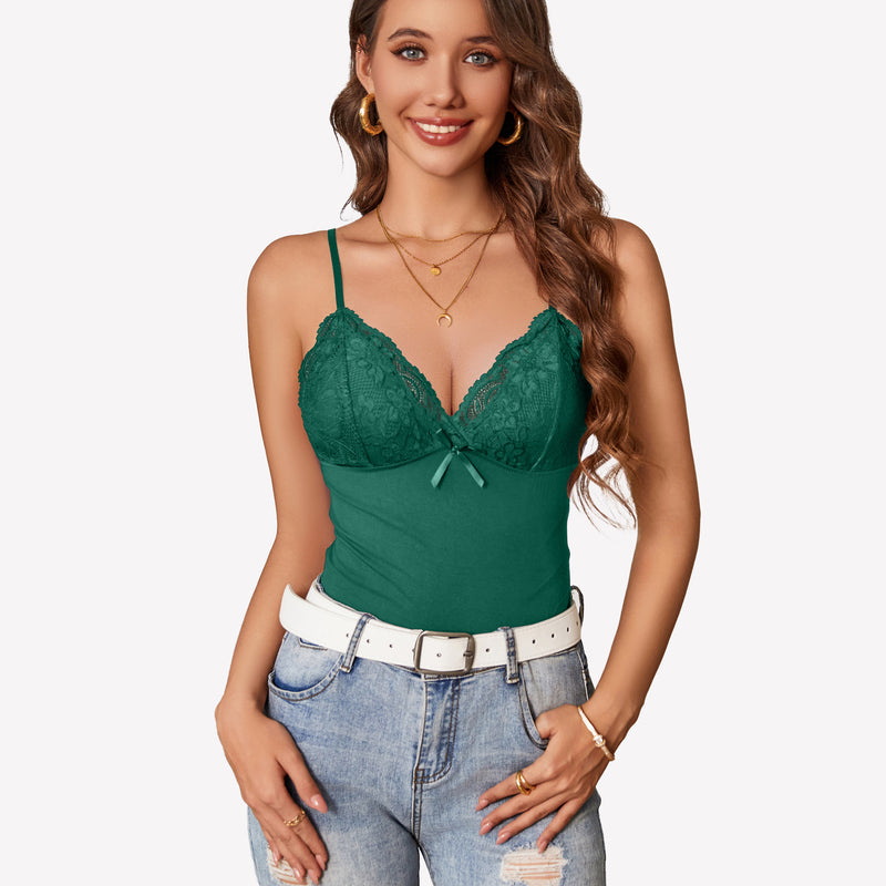 Green lace cami Y2k bralette, spaghetti straps, paired with jeans, casual and chic look.