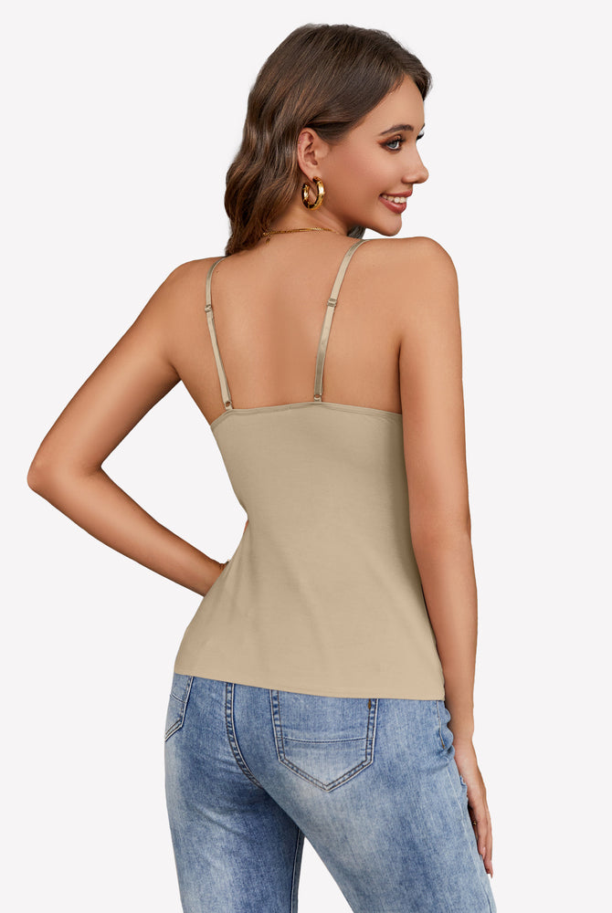 Beige Y2k cami tank top with adjustable straps, paired with jeans, showcasing casual wear