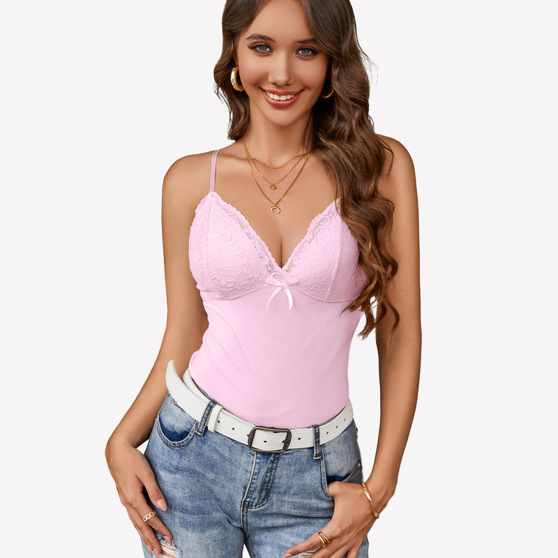 Pink Y2k cami top with lace detail and jeans, stylish casual wear, Y2k bralette